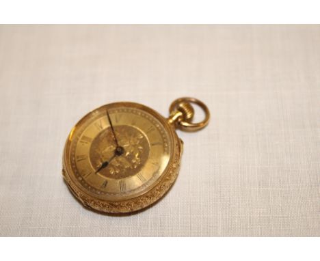 A ladies 18ct gold fob watch with gilt circular dial in engraved case (28.4g gross)