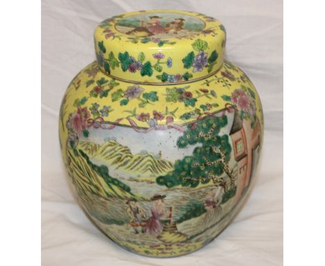 A 19th Century Chinese tapered gift jar and cover with painted panels of European figures within landscapes within yellow flo