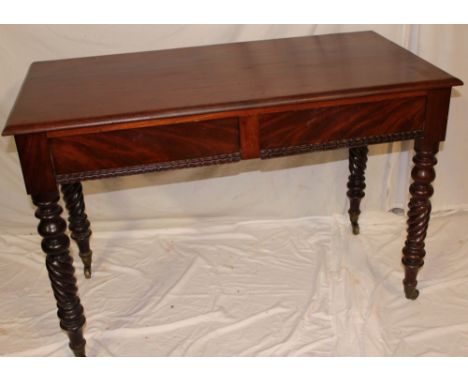 A 19th Century mahogany rectangular side table with two drawers in the frieze on turned and spiral-twist legs with brass cast