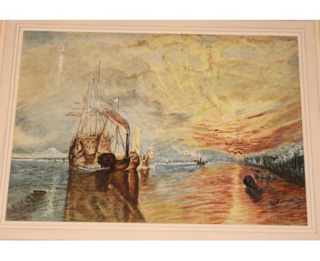 After J M W Turner - watercolour "The Fighting Temeraire", labelled to verso, 9½" x 13" 