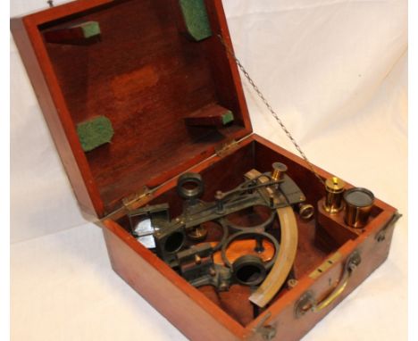A good quality Naval sextant by H Hughes & Son of Fenchurch St London in fitted mahogany case with accessories 