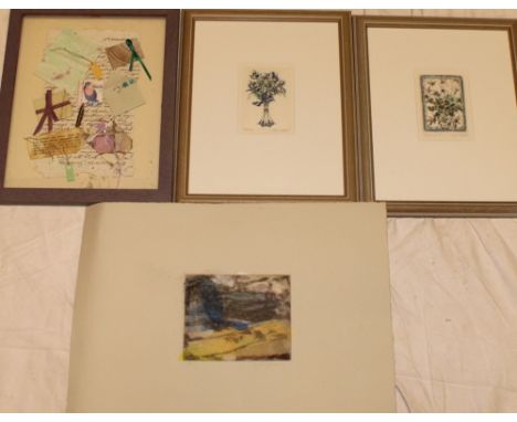 A small coloured artist proof etching by Grace Gardner, a pair of small coloured etchings by Jenny Tapping and a framed colla