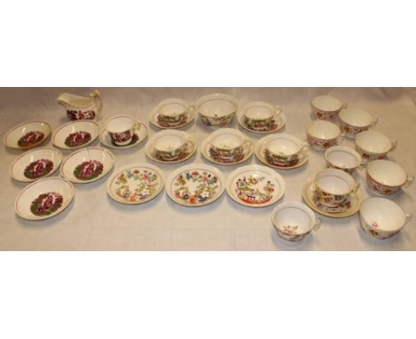A selection of 18th and 19th Century china teacups and saucers including five Eastern scene teacups with six saucers, selecti
