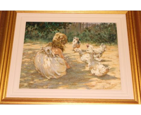 An enhanced print on canvas depicting a young girl feeding ducks after Paul Gribelle. framed 