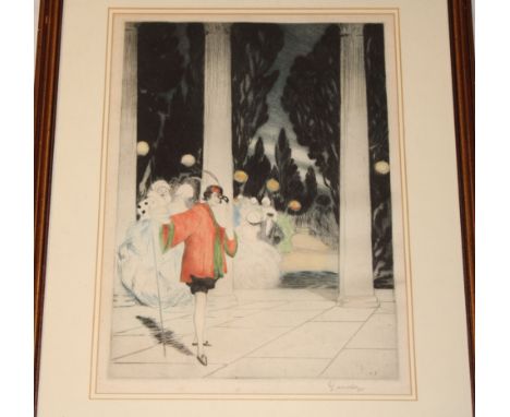 An Art Deco-style coloured etching "A Masked Ball in the Moonlight" signed in pencil Edgar Lander, framed and glazed 
