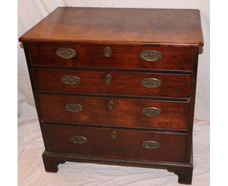 A small  George III mahogany chest of four graduated drawers with brass ring handles on bracket feet, 31" high x 31" wide