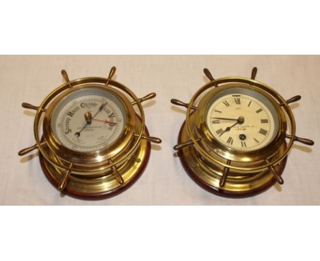 A pair of good quality brass marine-style clocks and barometers by Capt. O. M. Watts Ltd. of London with silvered circular di