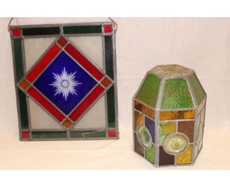 A leaded glazed rectangular panel 17" x 13½" together with a similar leaded glazed hall lantern shade (2)