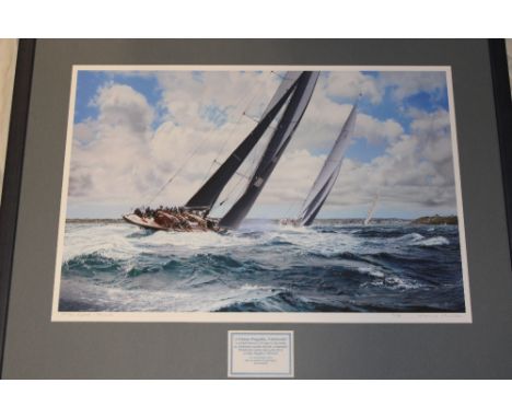A coloured limited edition print "J-Class Regatta, Falmouth" signed by Jamie Medlin No. 12/150, framed and glazed