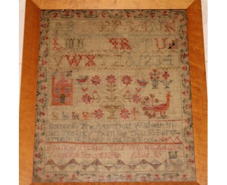 An early 19th Century needlework sampler depicting alphabet, numbers and text by Frances Hughes aged 10, 16½" x 14"