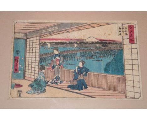 A Japanese woodblock print depicting a balcony scene 9" x 13"