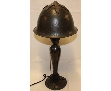 A good quality bronze Art Nouveau-style table lamp with tapered stem and bronze domed cover on circular base, 19" high 