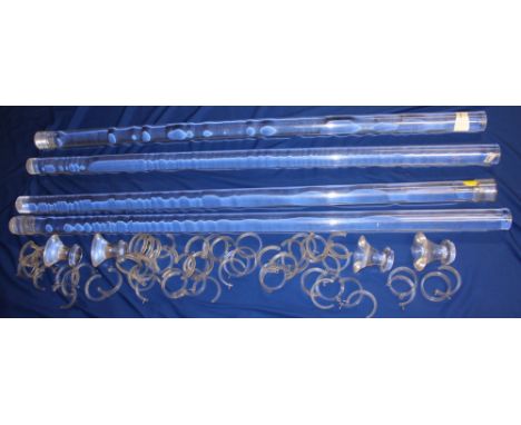 Four unusual clear acrylic curtain poles with curtain rings and fittings, 68" long