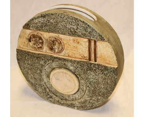 A Cornish Troika pottery wheel vase with geometric decoration on grey and brown ground by Alison Brigden marked "Troika, Corn