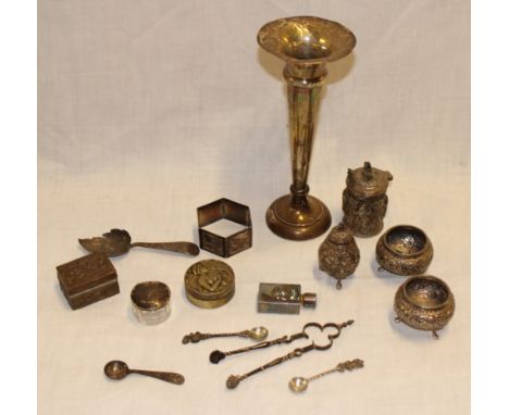A pair of Indian silvered circular salts together with a matching pepper pot and mustard pot; silver tapered spill vase, Ches