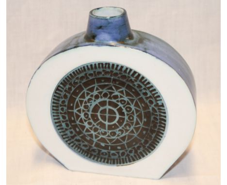 A Cornish Troika pottery arched vase with blue and white glazed decoration marked "Troika HC St. Ives, England" 6½" high