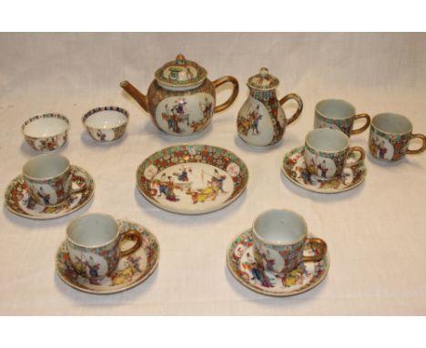 An 18th Century Chinese part teaset comprising a spherical teapot and cover with painted figure decoration, six matching teac