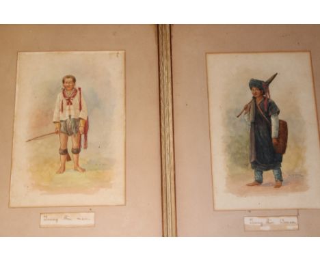 M** T** Hla - watercolours"Taung Thu Man and Woman", signed, inscribed to mounts, 10" x 6½" (pair)