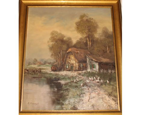 K** Menzel - oil on canvasCountry lakeside cottage with chickens, signed 23" x 20"