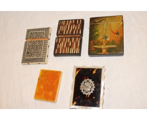 Five various visiting card cases including silver mounted tortoiseshell and mother of pearl rectangular card case, Indian bon