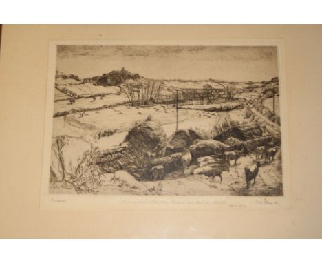 A black and white etching "Tuscania" with dedication and signature by H. A. Freeth, framed and glazed