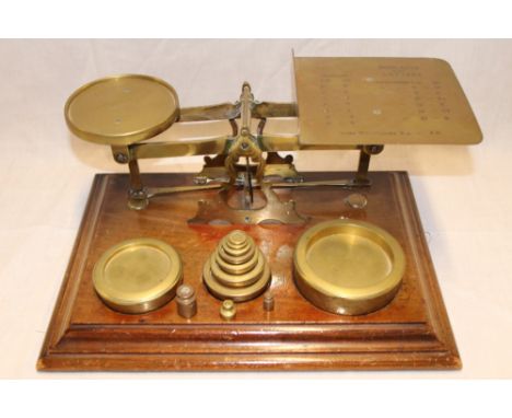 A large brass mounted mahogany postal scales with rectangular platform engraved with postal and parcel rates on rectangular m