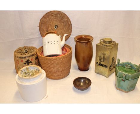 An Eastern white glazed pottery cylindrical tea kettle with woven cover, Japanese white metal square spirit kettle, Eastern c