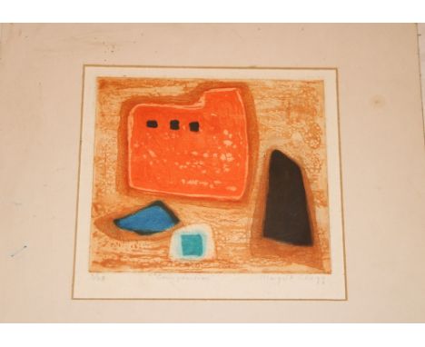 An unframed coloured etching "Composition" signed by Margaret Clegg No. 3/25 