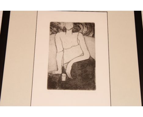 A black and white etching depicting a seated female "Figure No. 3/30", signed by John Emmanuel, framed and glazed