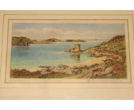 A coloured engraving of Cromwell's Castle, Isles of Scilly, signed in pencil, R. Cresswell Boak, framed and glazed 