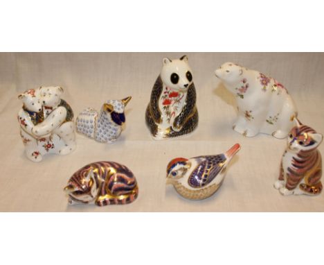 Seven various Royal Crown Derby china paperweights, mainly with silver stoppers including cats, polar bear, panda etc 