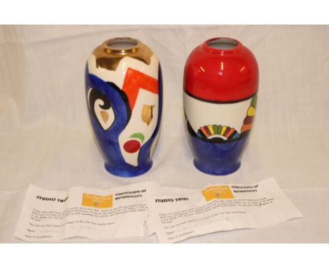Two modern Carltonware china "Studio Trial" vases with multi-coloured decoration, 8½" high with certificates