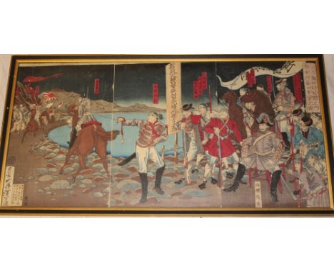 A Japanese wood block print depicting military soldiers and figures, signed, 14" x 28" with text to reverse