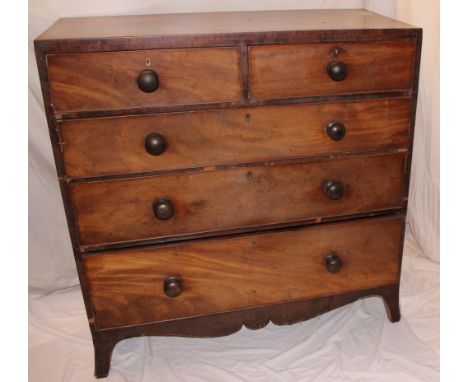 A mid-19th century mahogany chest of two short and three long drawers with turned handles on bracket feet, 43" high x 42" wid