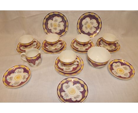 A Foley bone-china Vanessa Bell part teaset with painted decoration and comprising five teacups, seven saucers, five tea plat