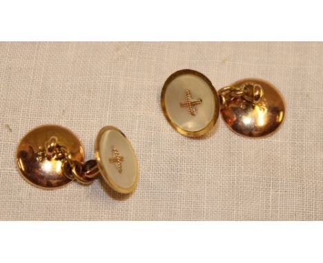 A pair of 9ct gold mounted mother of pearl circular cuff-links (3.5g)