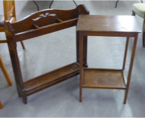 MAHOGANY CIRCA 1920's THREE DIVISION STICK STAND WITH METAL DRIP TRAY AND AN OBLONG TWO TIER OCCASIONAL TABLE (2) 