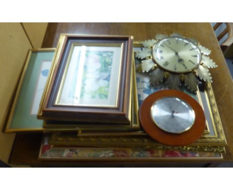 AN OAK STANDARD LAMP WITH CREAM SILK SHADE, A SUNBURST STYLE WALL CLOCK, A WEATHERMETER, FLORAL PRINTS AND A GILT FRAMED WALL