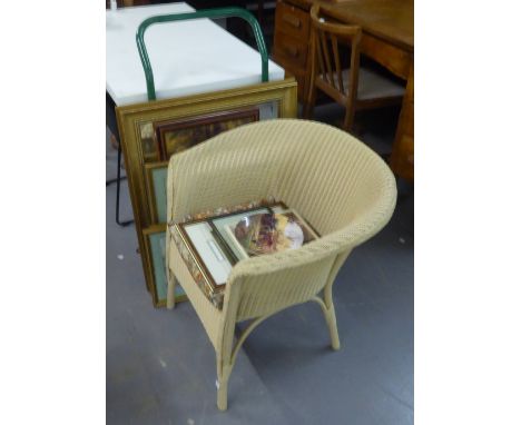 A CREAM LLOYD LOOM TUB CHAIR, GILT FRAMED WALL MIRROR, FOUR PRINTS, WALL PLATE, SMALL COLLAPSIBLE STEP LADDER, AND MISC PRINT