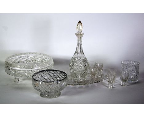 CUT GLASS SMALL DECANTER AND STOPPER, TOGETHER WITH A SET OF SIX TOT GLASSES, oval tray with scalloped border,  11" x 6" (28c