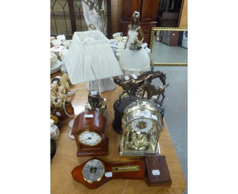 DECORATIVE SUNDRIES TO INCLUDE; MODERN TALL COMPOSITION FIGURES, MODERN LAMPS, MANTEL CLOCKS AND A SMALL BAROMETER 