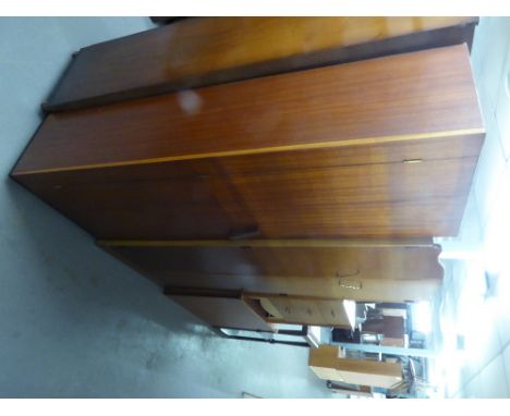 LIGHT OAK SMALL TWO DOOR HANG WARDROBE AND MATCHING DRESSING CHEST AND A TEAK HALL WARDROBE 