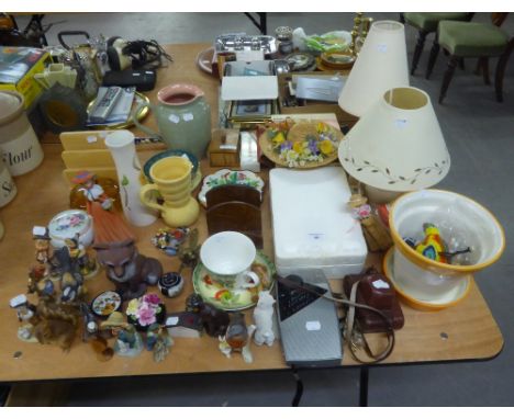 A QUANTITY OF MISC CERAMICS TO INCLUDE; GOEBEL BIRDS, CHILD AND OTHER ANIMAL FIGURINES, SAUCERS AND A CAMERA ETC..... 