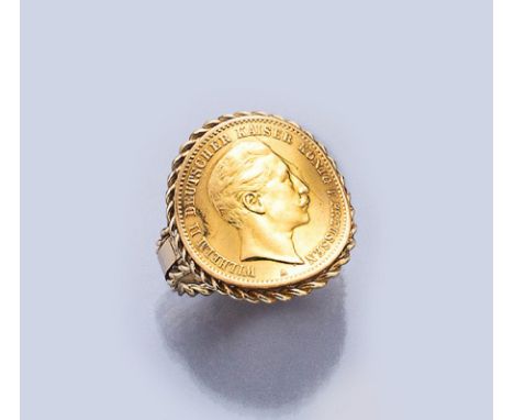 14 kt Gold Münzring,   GG 585/000, Ringkopf mit 10 Mark Goldmünze, Deutsches Reich 1909, Wilhelm II. Deutscher Kaiser König v