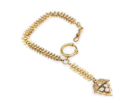 14 kt Gold Uhrenchatelaine mit Abhängung, RG 585/000,   um 1900, gr. Federring und Karabiner, reiner Jugendstil, Abhängung in