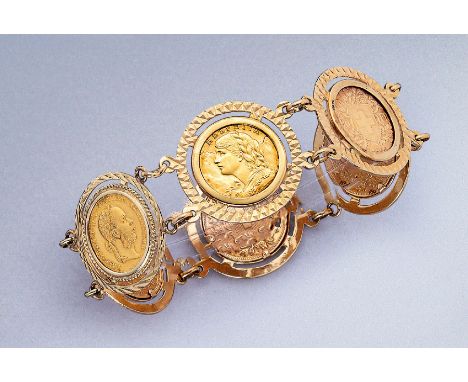 18 kt Gold Schlupfarmband/-reif mit Münzen, GG 750/000 gepr.,   6 Münzen Dukatengold, 5 x 20 Franken, sogn. Vreneli 1935, 194