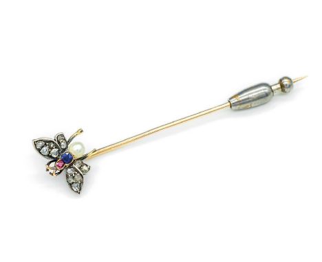 14 kt Gold Jugendstil Anstecknadel mit Diamanten, Saphir, Rubin und Perle,   GG 585/000 gepr., Kopf in Form eines Insekts, Fl