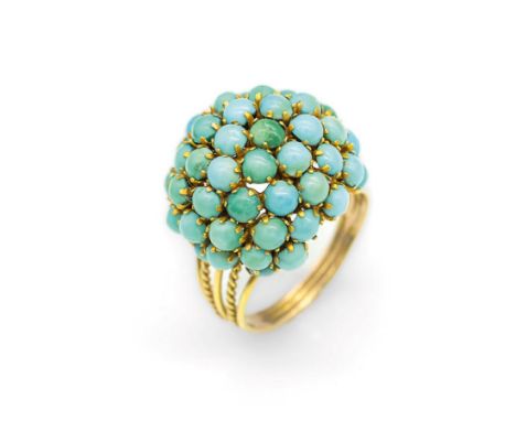 18 kt Gold Ring mit Türkisen, 1950er Jahre,  GG 750/000, Kugelkopf, Türkis-Cabochons farbl.diff., RW 51, ca. 6.0 g18 kt gold 