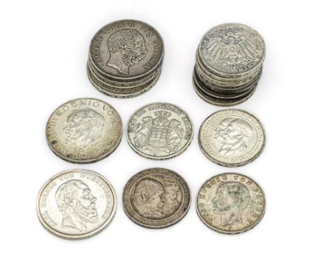 Konvolut 18 Silbermünzen Deutsches Reich, 6 x 5 Mark und 12 x 3 Mark,   u.a. Karl König vonWürttemberg 1875, Ludwig III König
