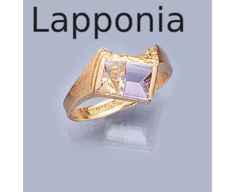 14 kt Gold LAPPONIA Ring mit Ametrin, Finnland1989,   GG 585/000, typ. Lapponiadesign, strukt. und sat., RW 55, ca. 4.6 g14 k